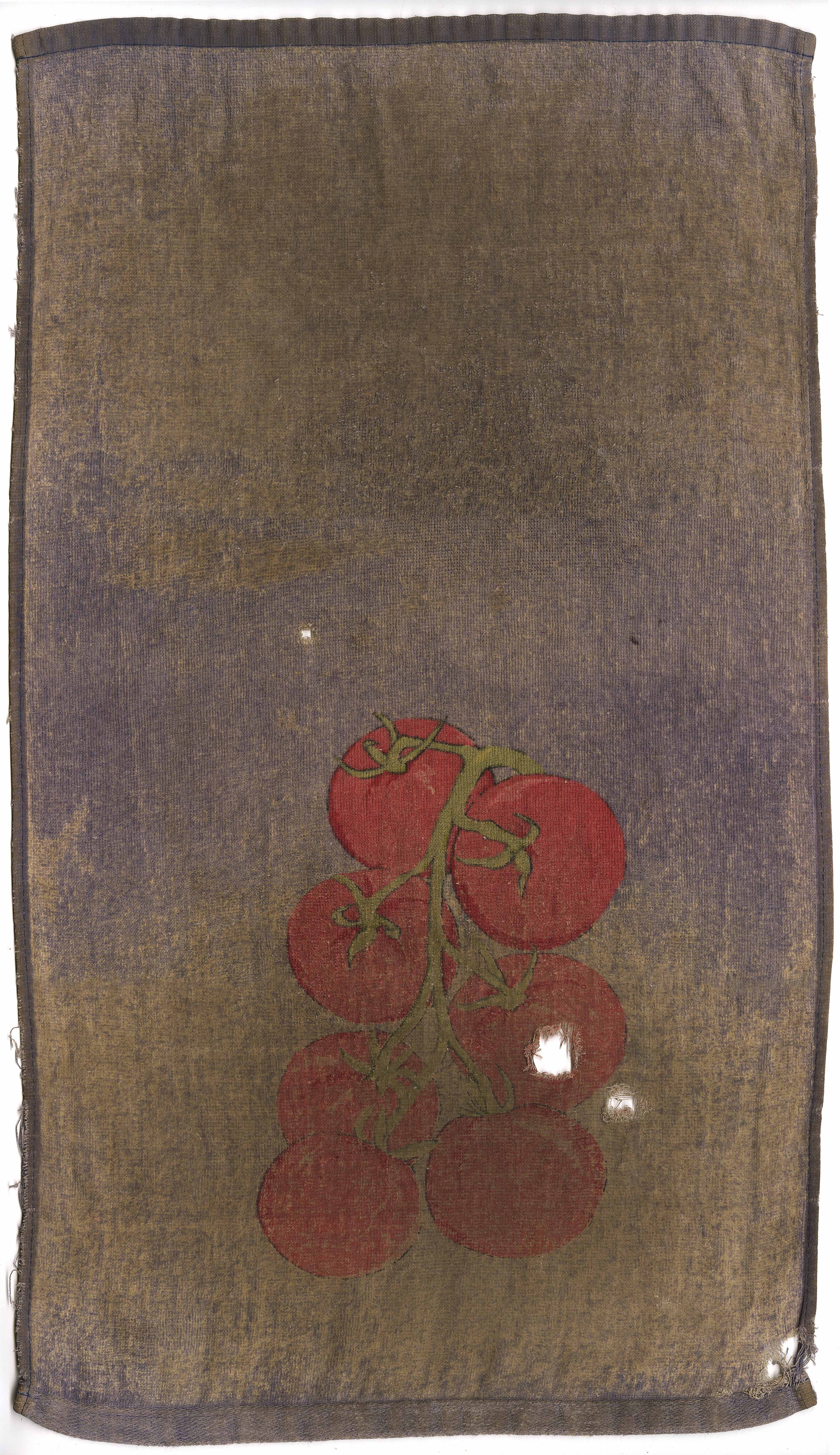 Discolored brown and purple kitchen towel with an embroidery of red tomatoes on a vine.